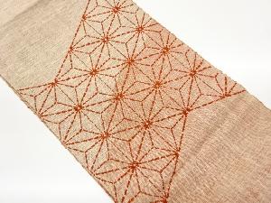 手織り紬麻の葉模様刺繍名古屋帯